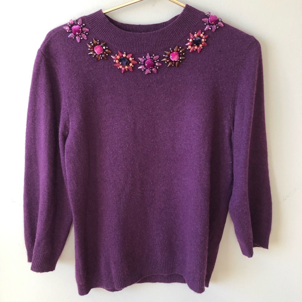 Purple Cashmere Crystal Embellished Crewneck Sweater L
